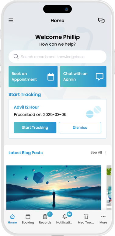 Care& app home screen showing appointment booking and health records
